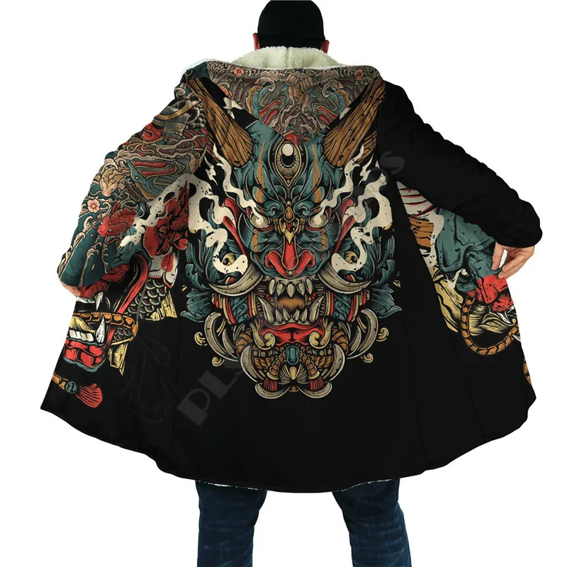 Oni Mask Tattoo 3D Over Printed Cloak Hoodie Cloak for Men and Women Winter Fleece Wind Breaker Warm Hood Cloak