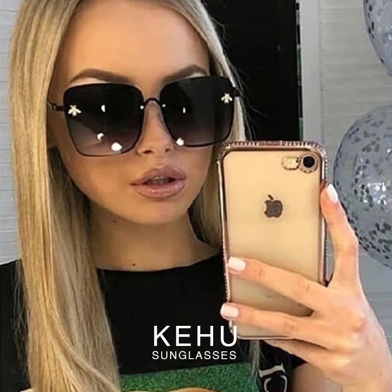 

KEHU Retro Square Bee Sunglasses Women Brand Designer Metal Frame Oversized Sun Glasses Fashion Ladies Gradient Shades Oculos