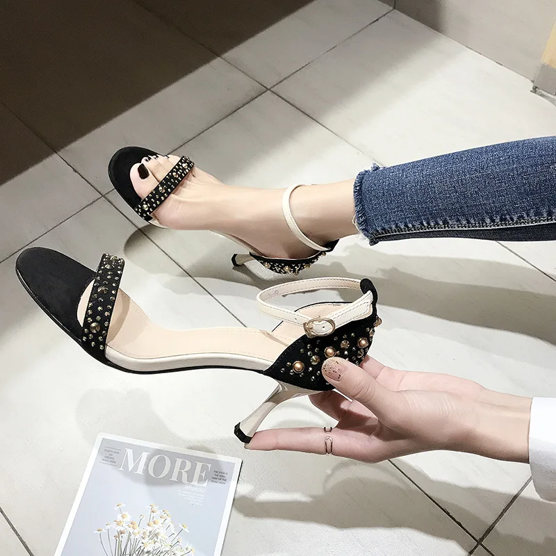 

266-1 Peep-Toe Heel Rome Sandals Women's 2019 Summer New Style Network Red Printing Rivet Man-made Diamond High Heel Shoes