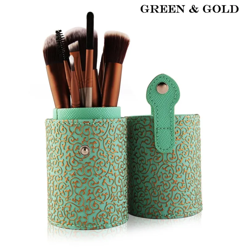 Professional 12Pcs Makeup Brushes Kit Studio Holder Tube Convenient Portable Leather Cup Natural Hair Synthetic - Handle Color: Green Gold
