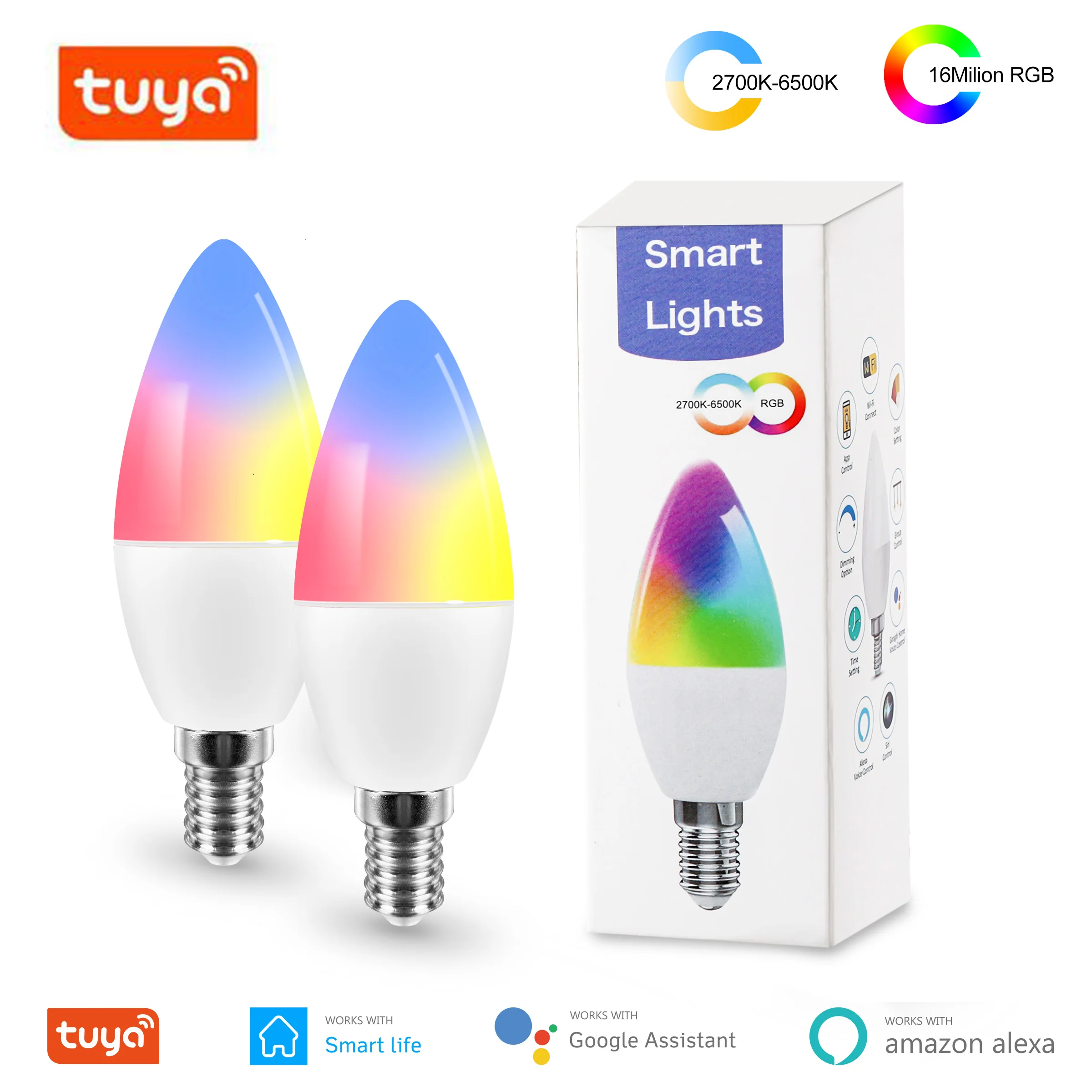 Tuya Smart Wifi LED Bulb E14 RGB Dimmable Light Candle Bulb Work With Alexa Echo Google Home Assistant No Hub Required 2 Packs