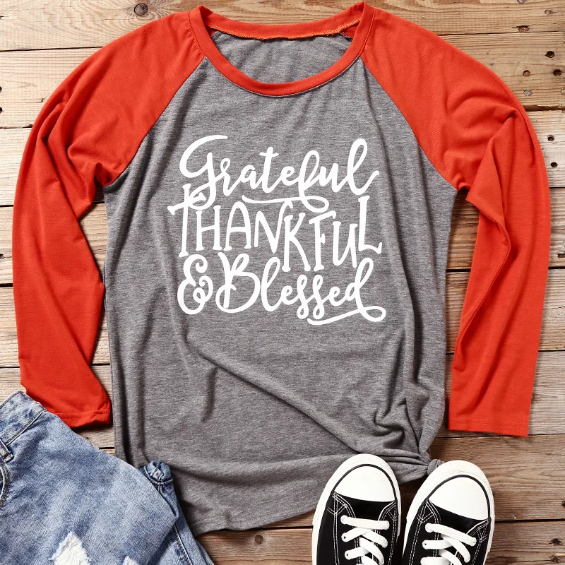

Women Halloween Print Raglan Sleeve T-shirt Femme Three Quarter Graphic Harajuku Grateful Thankful Blessed Fall Baseball TeeTop