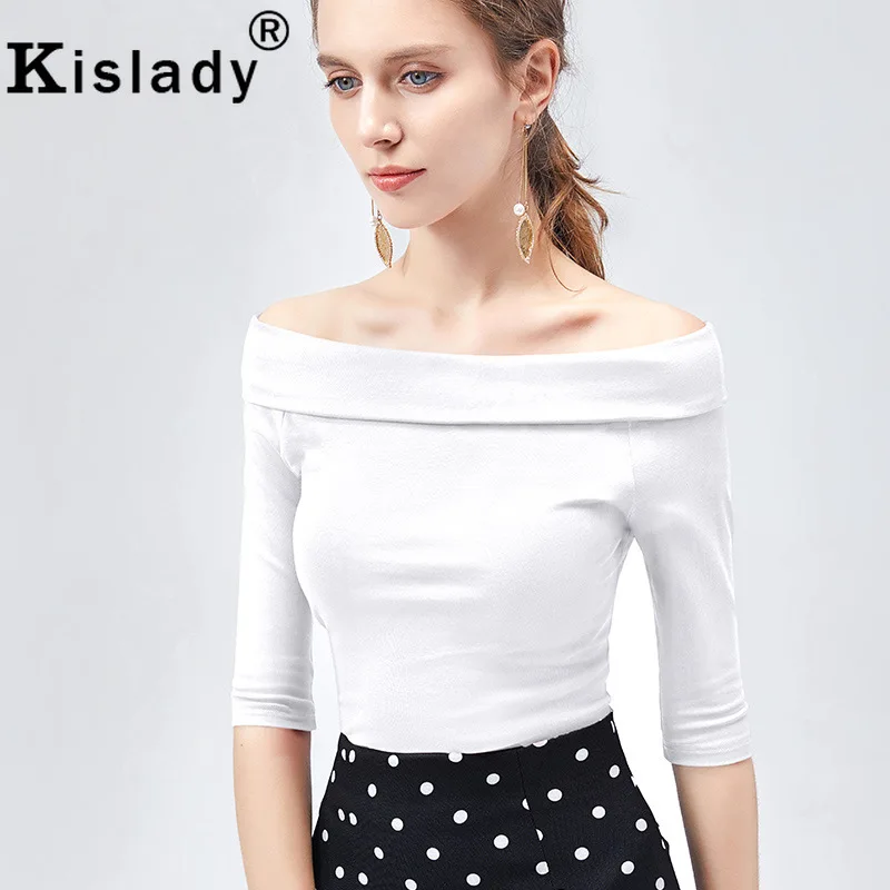 Kislady, осень, сексуальные приталенные футболки с вырезом лодочкой для женщин, черная, красная, горячая Распродажа, тонкая Корейская одежда, готические женские топы Харадзюку