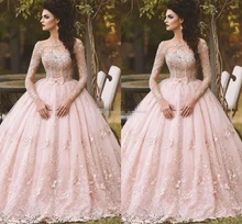 

Pink Long Sleeve Quinceanera Dresses 2020 Lace Appliqued Bow Sheer Neck Vintage Sweet 16 Girls Debutantes Quinceanera Dress