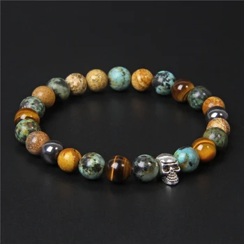 Skull Bracelets For Men Natural Tiger Eye Bracelet