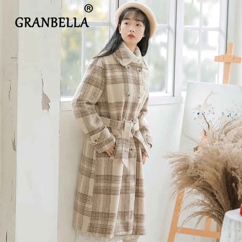 

High Quality Fashion Double Button Long Sleeve Vintage Woolen Coat plaid belt women overcoat casual loose