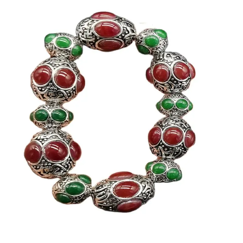 

China Old Tibetan Silver Inlaid Green Red Colour Jade Bead Hand String Bracelet