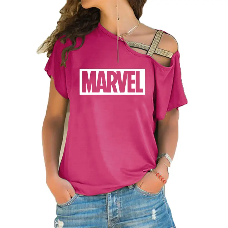Панк Рок MARVEL печати хлопок плюс размер футболка Женская Сексуальная Милая футболка топы Харадзюку Повседневная Асимметричная Skew крест футболка - Цвет: 16