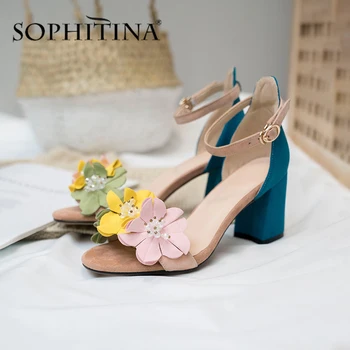 

SOPHITINA Flower Women's Sandals High Quality Kid Suede Buckle Comfortable Square Heels New Shoes Sweet Wedding Sandals PO563