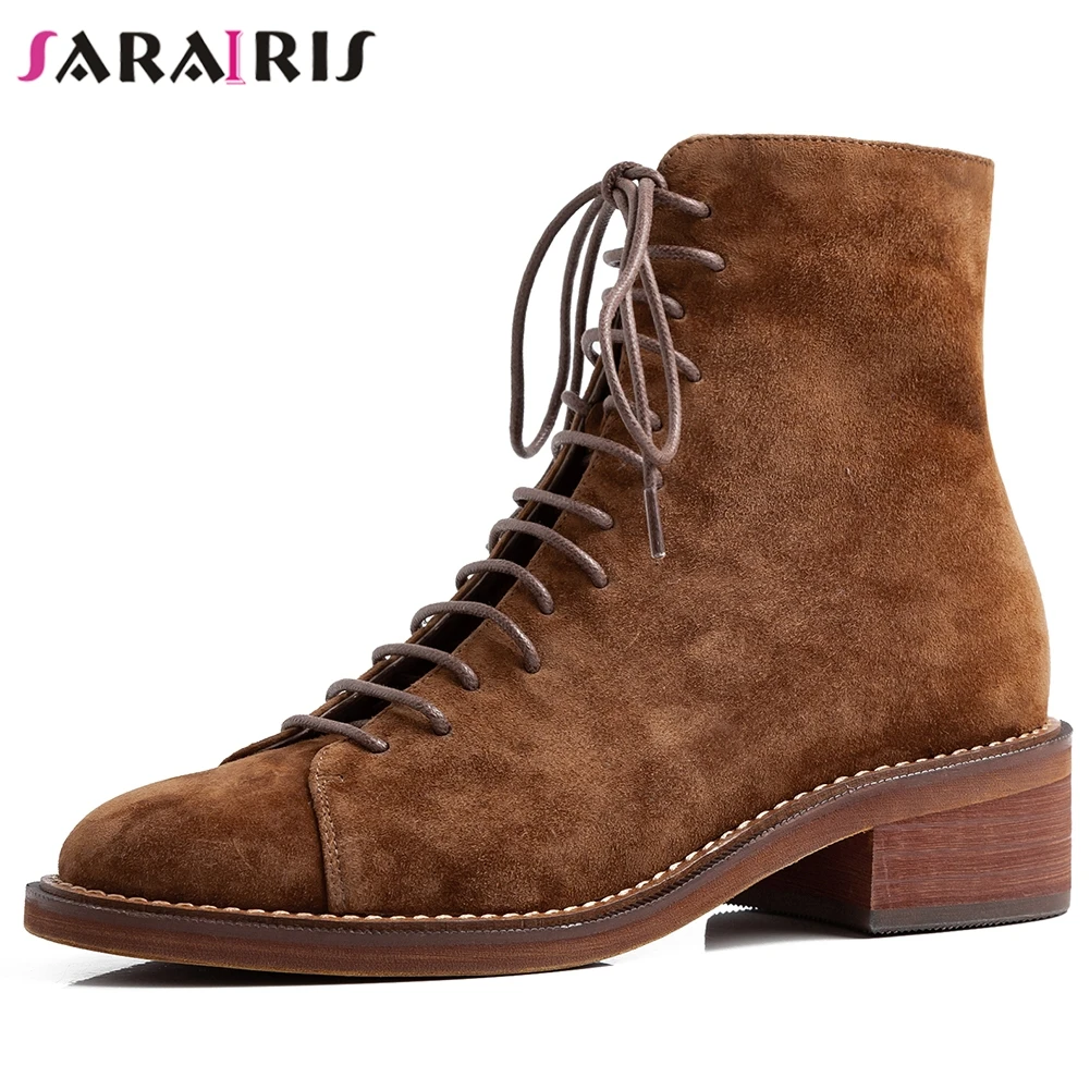 

SARAIRIS New Autumn Brand lace-up Platform Booties Ladies Genuine Leather Suede Ankle Boots Women 2020 Med Heel Shoes Woman