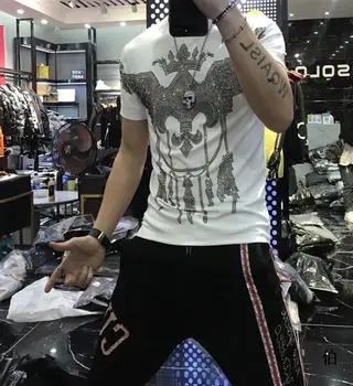 

Europe style men 2020 new hot sale T-shirt fashion heavy Hot drilling hot stamping fashion short sleeve top tees men