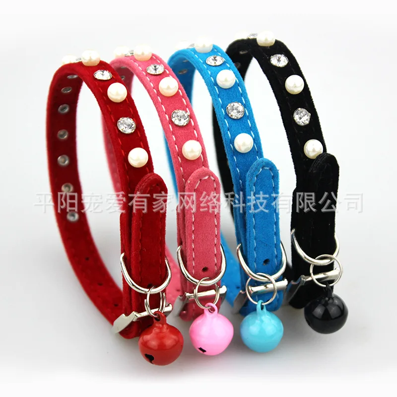 Flocking kitten chain water drill pearl cat collar pet supplies wholesale cat collar bell factory direct multi-color