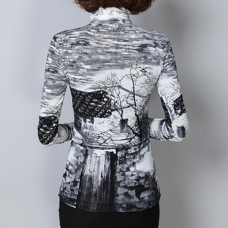 Kaufen Blusen Frauen 2019 Elegante Plus Größe 6XL Winter Dicke Warme Rollkragen Druck Frauen Bluse Shirts Frauen Tops Plus Samt Blusas