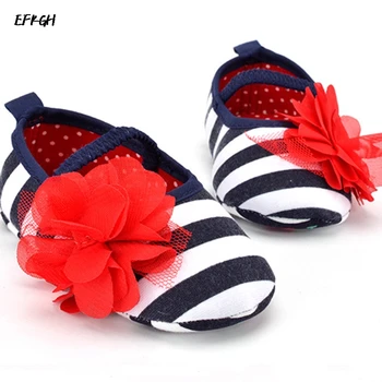 

2019 Lovely Baby First Walkers Cute Girls Shoes Striped Flower Decor Soft Elastic Pram Soft Sole Prewalker Anti-slip Baby Shoes