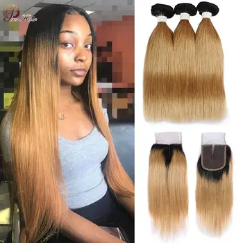 

1b 27 Blonde Bundles with Closure Ombre Peruvian Hair Straight 3 Bundles with Closure Pinshair Remy Human Hair Bundles No Tangle
