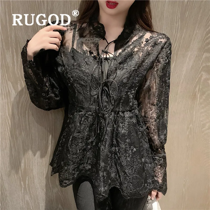 RUGOD топы с пышными рукавами для женщин, вышивка, элегантный прозрачный топ, Женская Корейская одежда, рубашка с длинным рукавом для женщин,, воротник-стойка