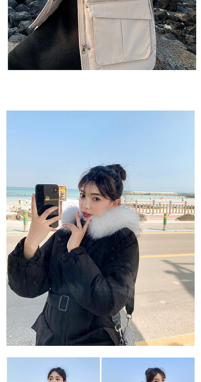 Down Belt Lady Long Cotton Loose Women's Winter Coat With Fur Collar Autumn Pocket Park Women's Long Coat Puffer Jacket