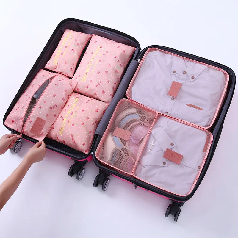 6pcs packing cubes Travel Organizer Bag Clothes Pouch Portable Luggage Suitcase Chic Bags Unisex Use Travel Accessories - Цвет: Pink Cherry