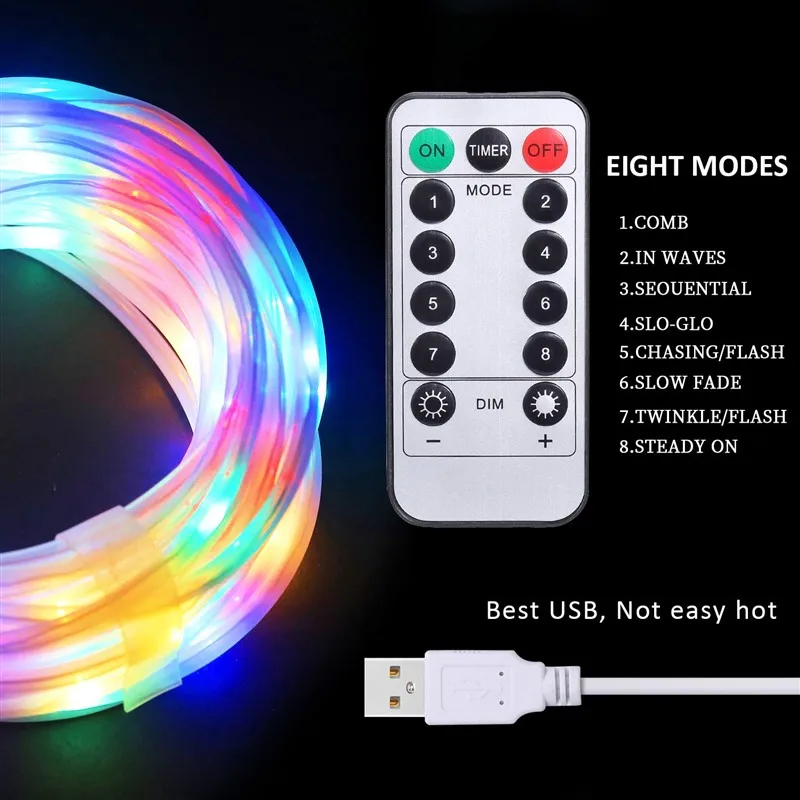 Рождество 100LED ленты свет трубки USB 12 метров водонепроницаемый 8 режимов с пультом дистанционного управления RGB/теплый белый полосы лампы освещения