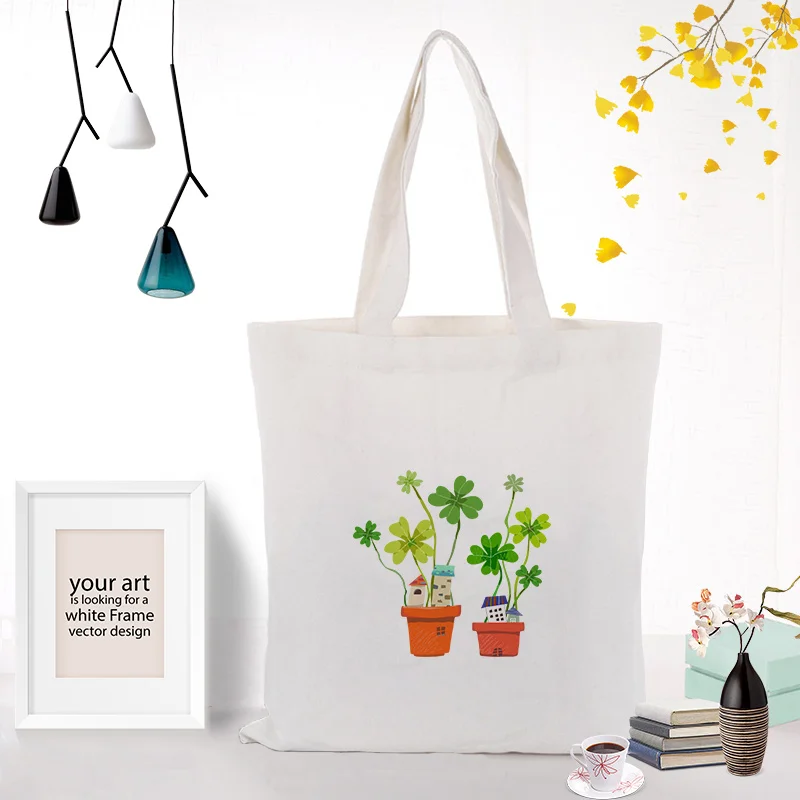 hand canvas handbag text DIY clover pattern handbagbag print customized printing logo daily use foldable shopping Reusable