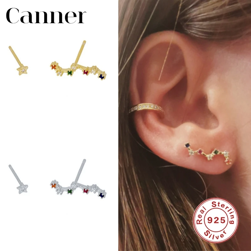 

Canner 925 Sterling Silver Stud Earrings European American New Mixed Colored Zircon Star Piercing Gold Earrings Fine Jewelry W4