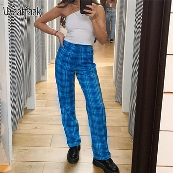 

Waatfaak Korean Style Casual Joggers Women Plaid Pants Blue Skinny High Waist Trousers Summer Harajuku Harem Pants Woman Capri