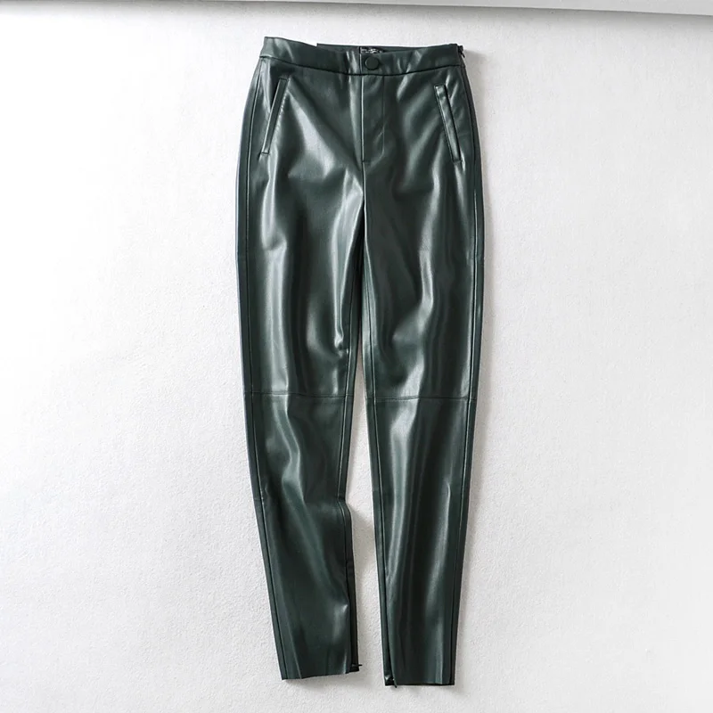 

Elina Casual Solid PU Leather Pants Women Fashion Zipper Pockets Trousers Women Elegant Button Pencil Pants Female Ladies LL