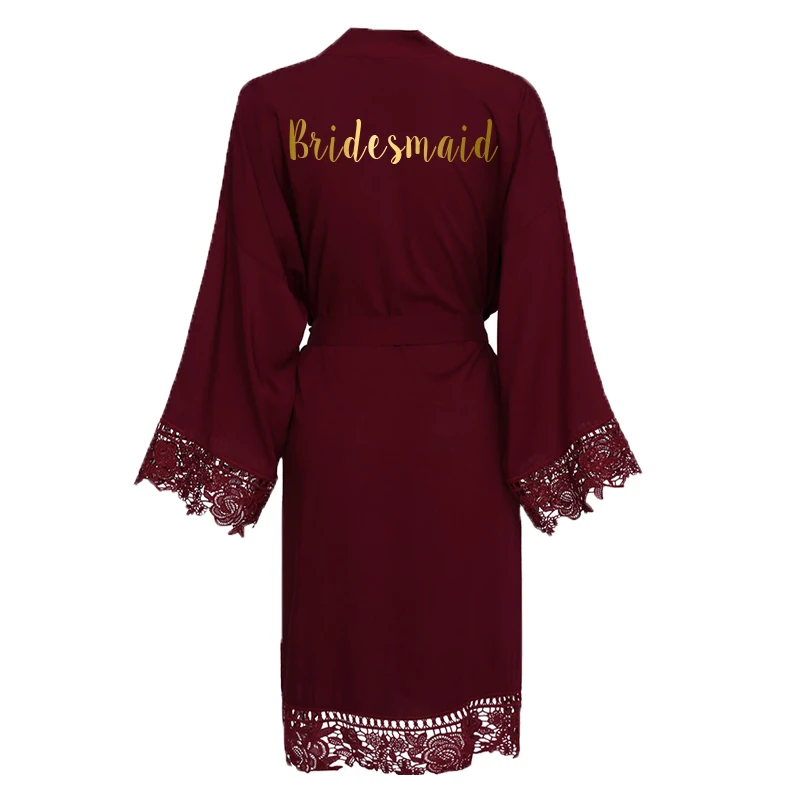 burgund bridesmaid Owiter розовый однотонный хлопковый Халат-кимоно с кружевной отделкой для женщин, короткий халат для невесты, халат, одежда для сна, белое платье подружки невесты - Color: burgund bridesmaid