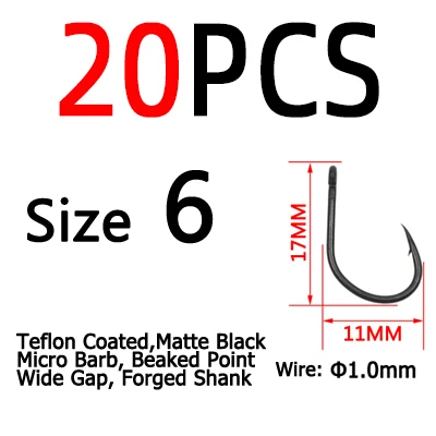 ICERIO 20pcs Straight Handle Beaked Point Wide Gap Carp Fishing Hook High Carbon Steel Matt Black Barbed Pop-up Rig Hooks 20pcs  Size 6