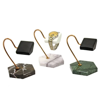 

3Pcs Watch Display Stand Natural Marble Base (Black+Green+White) Gold Support Rod PU Bracket Watch Storage Display Rack