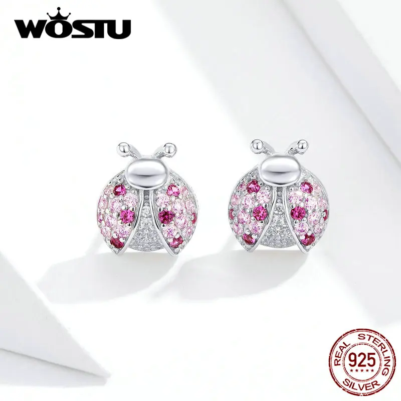 WOSTU 925 пробы серебро Божья коровка розовый циркон серьги-клипс серебро 925 ювелирные изделия для женщин Свадебные серьги, ювелирные изделия FIE715