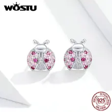WOSTU 925 пробы серебро Божья коровка розовый циркон серьги-клипс серебро 925 ювелирные изделия для женщин Свадебные серьги, ювелирные изделия FIE715