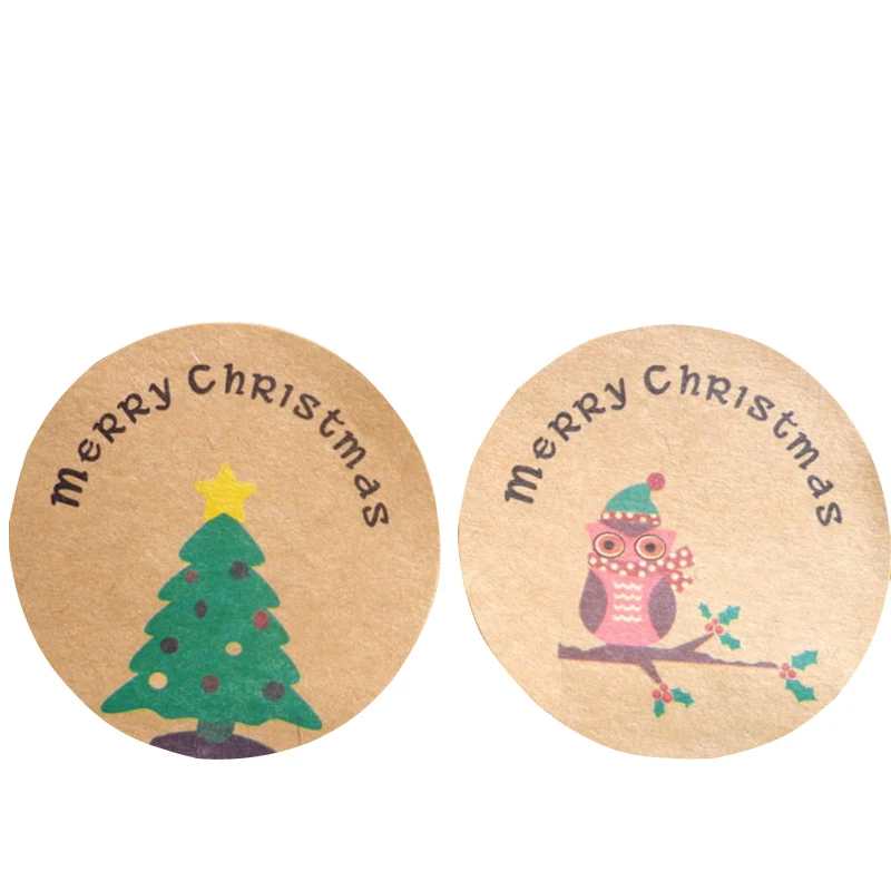 

120 Pcs/lot Trees Owl 'Merry Christmas' DIY Scrapbooking Sealing Stickers Round Kraft Paper Labels Handmade Party Gift box