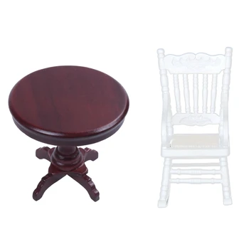 

1/12 Miniature Dollhouse Wooden Rocking Chair Model White with 1/12 Dollhouse Wooden Furniture Miniature Round Table