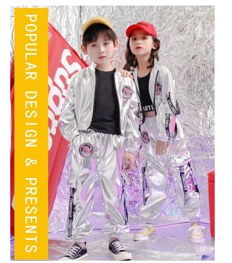 2021 Fashion Boys Hip-hop Set Girl Silver Color Jazz Dance Costume Children Performance Clothes Dance Costume Cool Rave Outfits