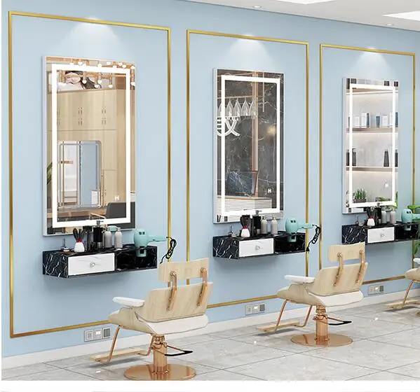 Barber shop mirror hair salon special integrated cabinet marble wall mirror LED light net red hairdressing single side