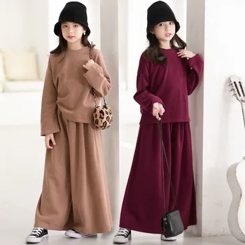 

Sets for Girls Clothes Autumn Winter 2020 New Red Skirt for Girls Clothing Set Casual Knitted Sweater Wide-leg Pants Kids Suit