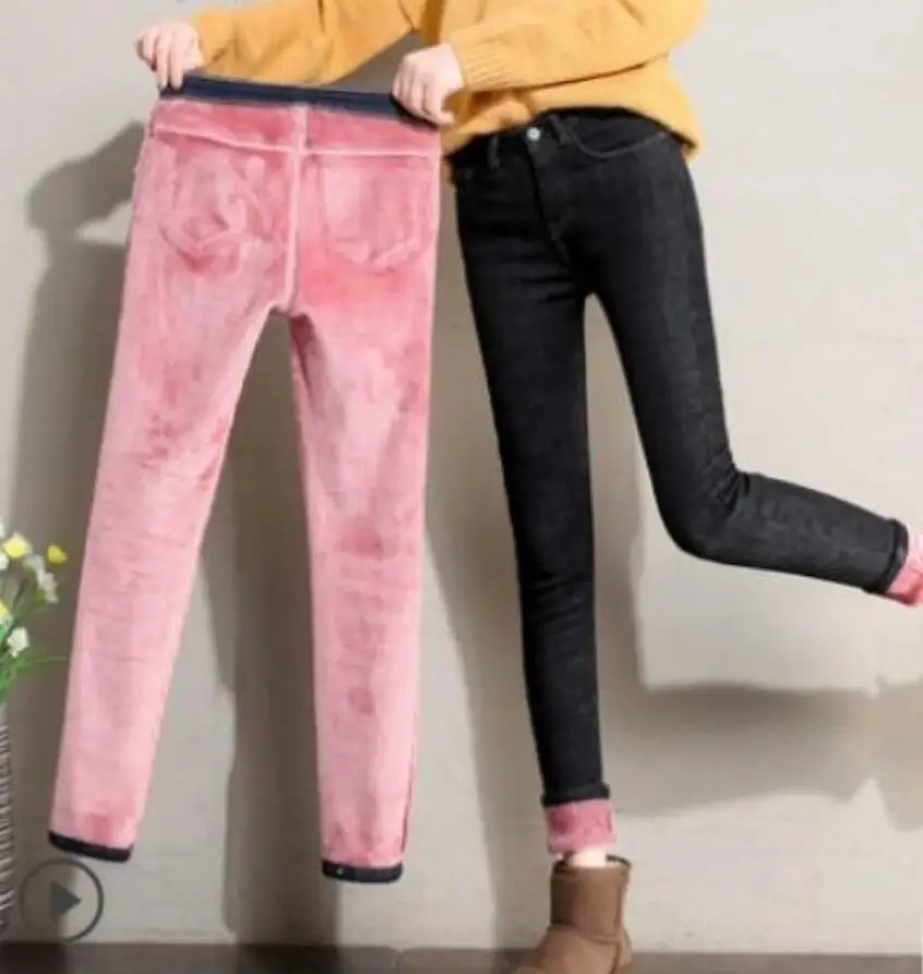 Зимние теплые обтягивающие зауженные джинсы для Для женщин толстые бархатные теплые леггинсы стрейч джинсы флисовые джинсовые штаны брюки женские джинсы - Цвет: BLACK PK