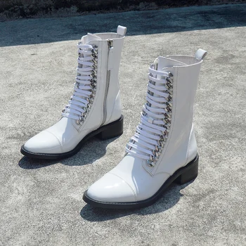 

Martin Boots for Women Mid Heels Genuine Leather Street Style Patent Leather Metal Decoration Snakeskin Pattern Luxury New Ins