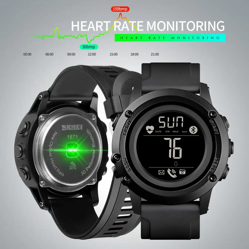US $21.24 SKMEI No charge Bluetooth Mens Smart Watches Heart Rate 3D Pedometer Men Sport Wrist Smart Watch reloj inteligente hombre 1671