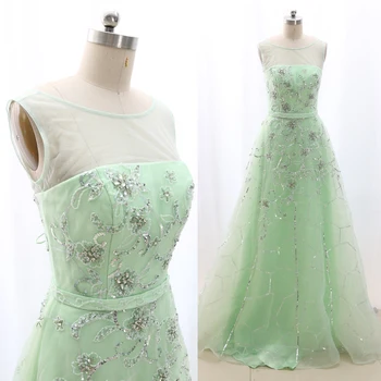 

MACloth Mint A-Line O Neck Floor-Length Long Crystal Tulle Prom Dresses Dress S 268381 Clearance