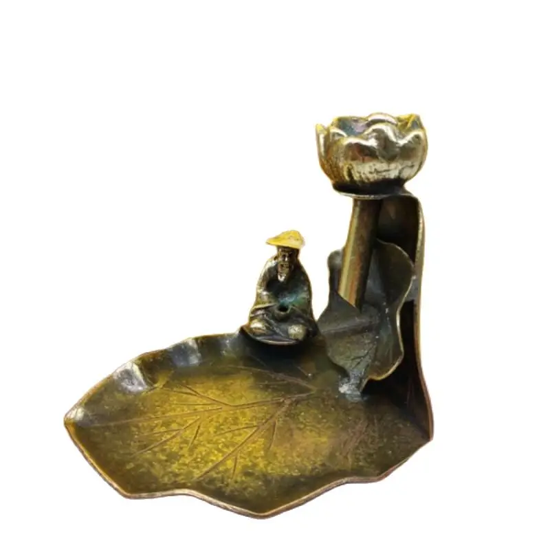 

Backflow Smoke Burner Holder Waterfall Incense Cone Rack Brass Carved Old Man Sitting On Lotus and Fishing Incense Rack Deco