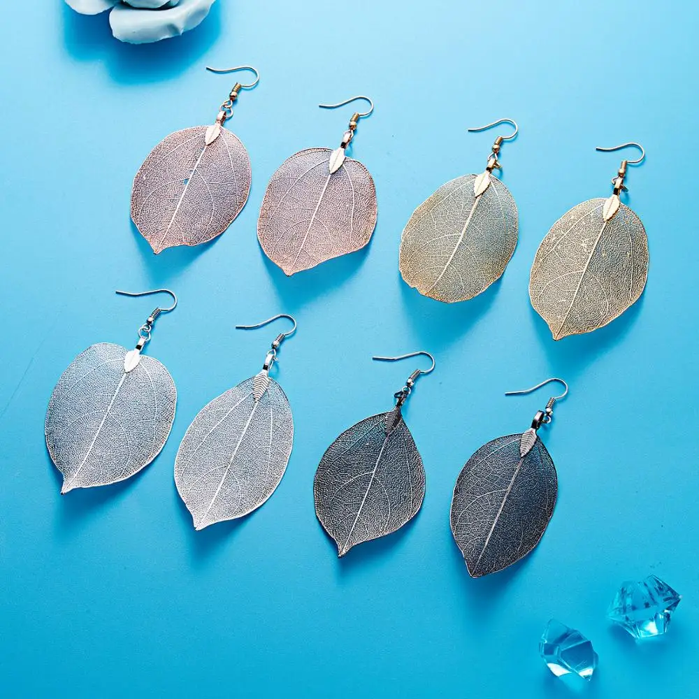 

Belleper 1 Pair Genuine Leaf Earrings Natural Leaf Pendant Charm Dangle Earrings Metal Plated Drop Ear Accessories Women Jewelry