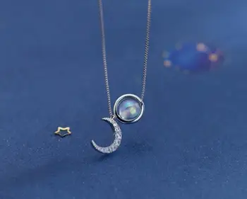 

real 100% Sterling Silver 925 Fine Jewelry Grey Moonstone &Crescent Moon cz set Pendant Necklace GTLX1928
