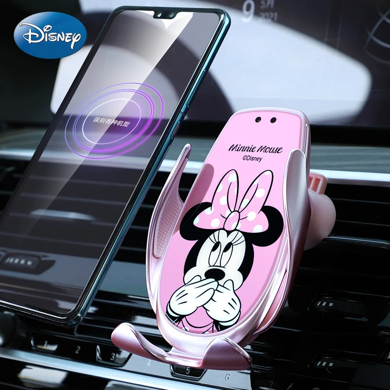 Disney Mickey Minnie Automatic Clamping Wireless Charger Car Phone Holder Smart Sensor Air Vent Mount Mobile Phone Stand Hold