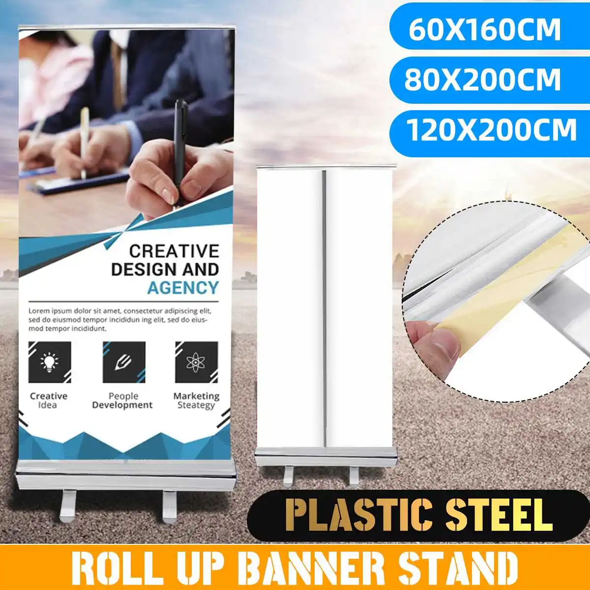 

Plastic Steel Advertisng Poster Floor Stand Holder Portable Roll Up Banner Display Rack Show Display Stand Bag Kit 3 Sizes