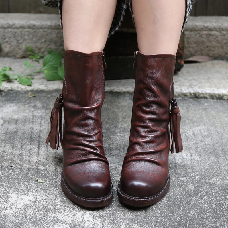 

Original High-end Genuine Leather Retro Women Boots Handmade Zipper Fringe Pleated Mid-calf Boots Round Toe Comfortable Shoes