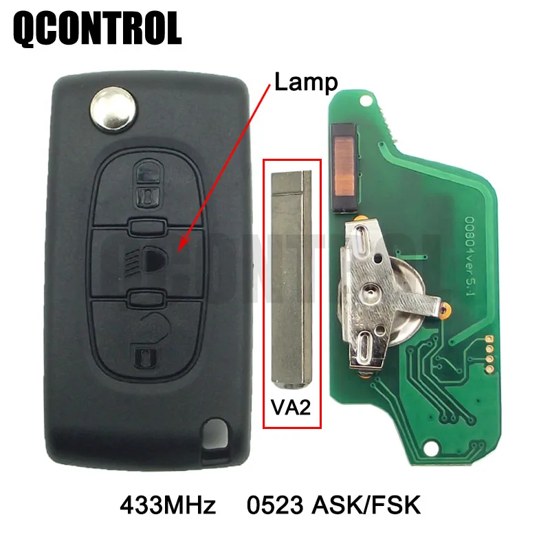 QCONTROL Flip Remote Key 3BT for PEUGEOT Partner 807 307 207 407 308 CC Expert SW Lamp/Light Button (CE0523 ASK/FSK, Blade VA2)