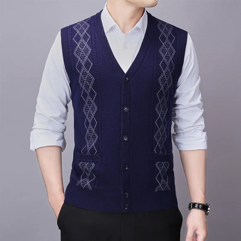 Sweater Vest Men 2021 New Fashion Elderly Wool Vest Mens Cardigan Jacquard Sweater Thick Sweater Vest Mens Clothing