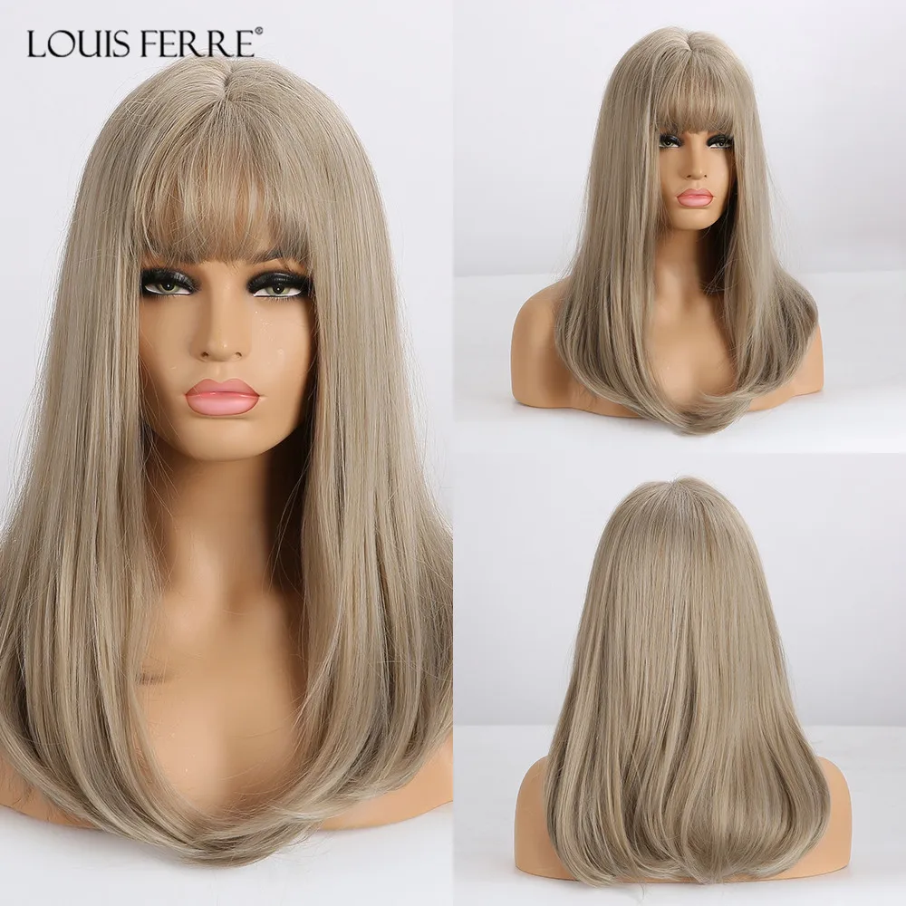 

LOUIS FERRE Long Straight Synthetic Wigs for Women Afro High Temperature Fiber Natural Light Brown Gray Wig with Bangs Bobo Wigs